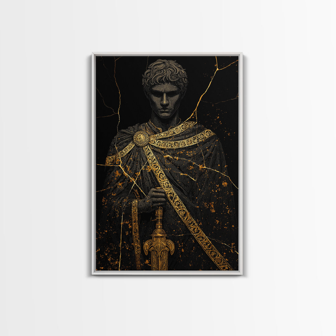 Gladiator Canvas Gold Canvas Print, Roman Warrior Wall Art, Ancient History Artwork, Mythology Inspired Home Decor, Real Wood Frame