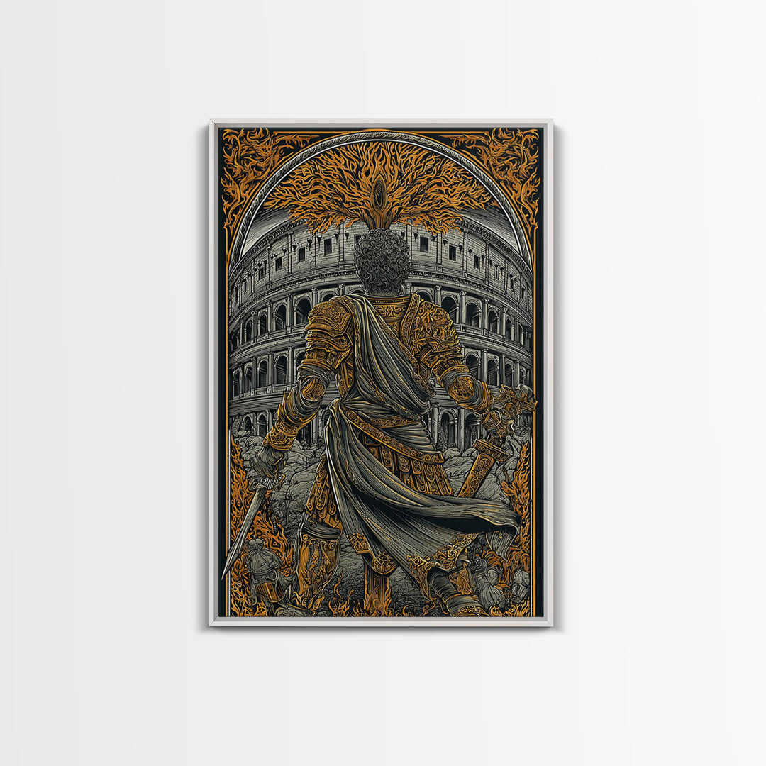 Ancient Rome Canvas Gold Canvas Print, Gladiator Wall Art, Myth Inspired Luxury Home Decor, Classical Warrior Artwork, Wood Frame