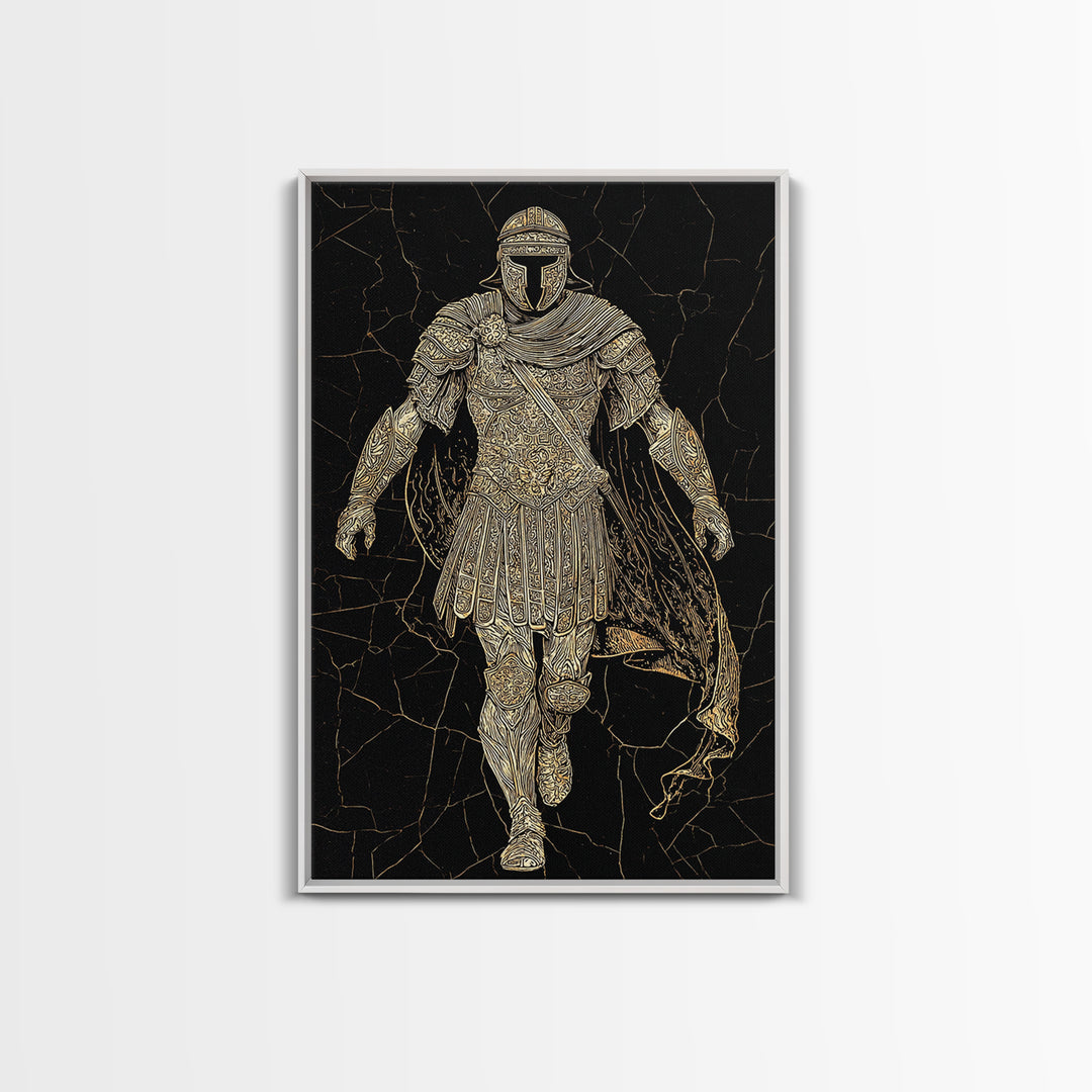 Heroic Roman Canvas Gold Canvas Print, Ancient Warrior Wall Art, Luxury Mythology Decor, Historical Emperor Artwork, Real Wood Frame