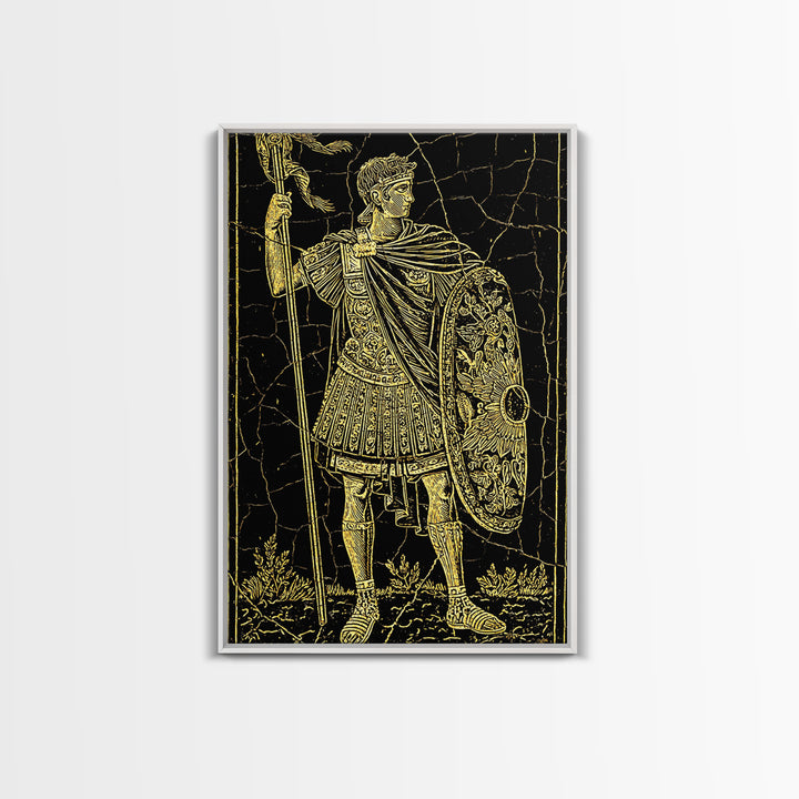 Roman Warrior With Shield, Canvas Gold Canvas Print, Mythology Inspired Wall Art, Real Wood Framed Artwork