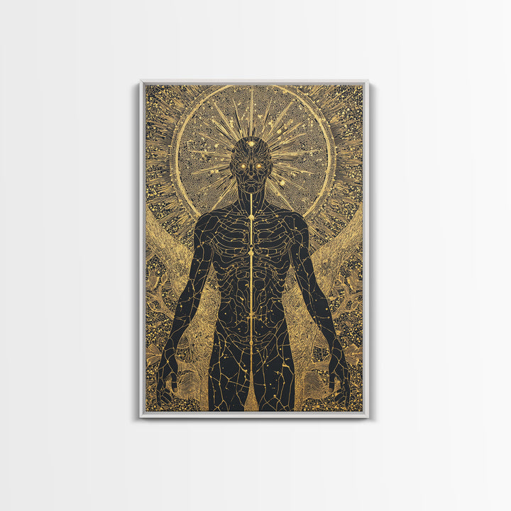 Celestial Radiance Figure, Canvas Gold Art, Mythological Cosmic Wall Print, Spiritual Decor With Real Wood Frame