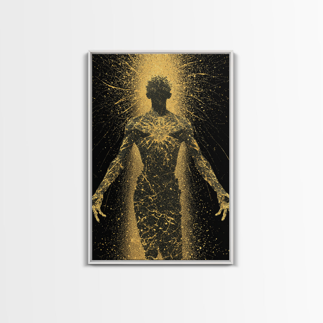 Golden Cosmic Silhouette, Canvas Gold Canvas Print, Abstract Mythology Inspired Wall Decor, Real Wood Frame