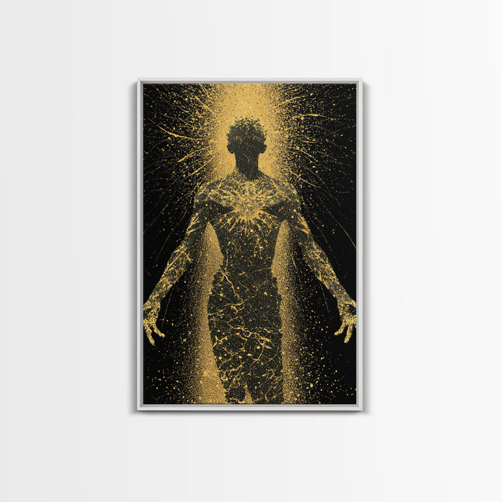Golden Cosmic Silhouette, Canvas Gold Canvas Print, Abstract Mythology Inspired Wall Decor, Real Wood Frame