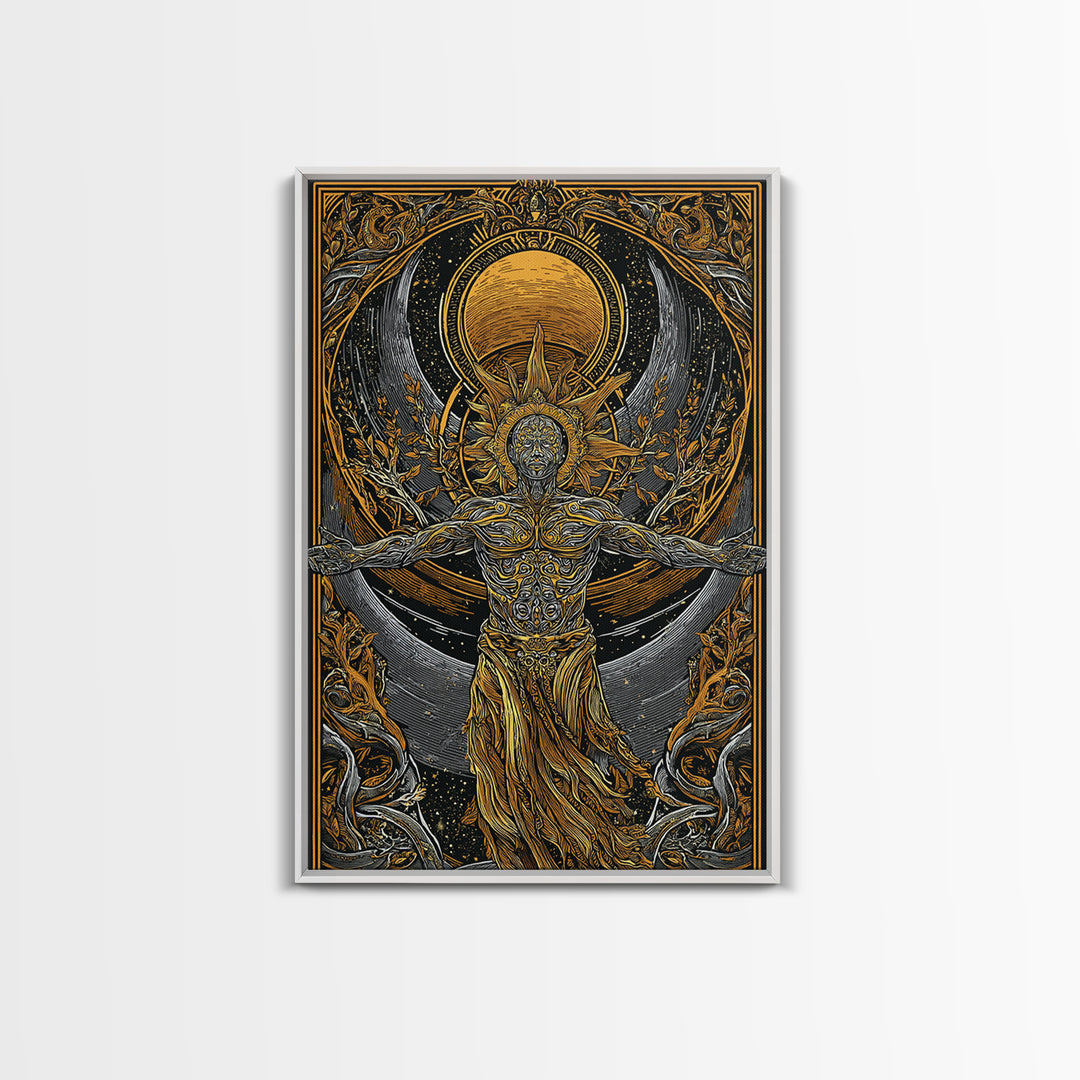 Divine Sun God Artwork, Canvas Gold Canvas Print, Mythology Inspired Celestial Wall Art, Real Wood Framed Print