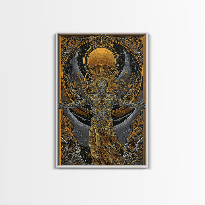 Divine Sun God Artwork, Canvas Gold Canvas Print, Mythology Inspired Celestial Wall Art, Real Wood Framed Print