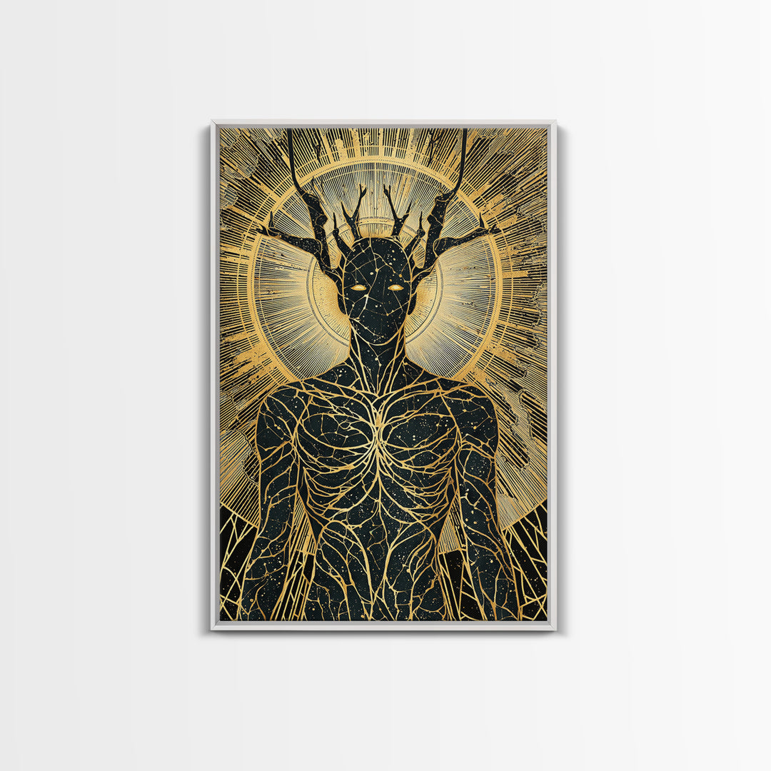 Mythic Antlered Deity, Canvas Gold Canvas Print, Cosmic Inspired Wall Art, Real Wood Frame For Elegant Decor