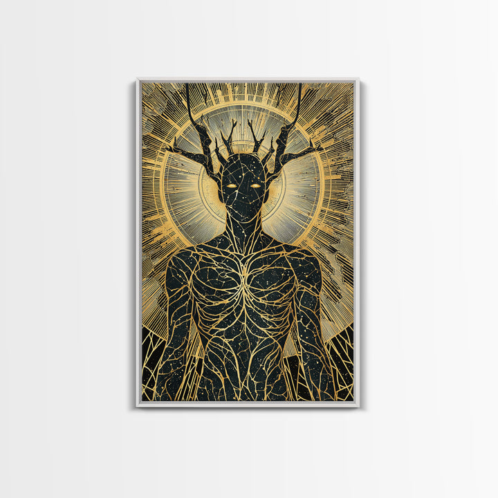 Mythic Antlered Deity, Canvas Gold Canvas Print, Cosmic Inspired Wall Art, Real Wood Frame For Elegant Decor
