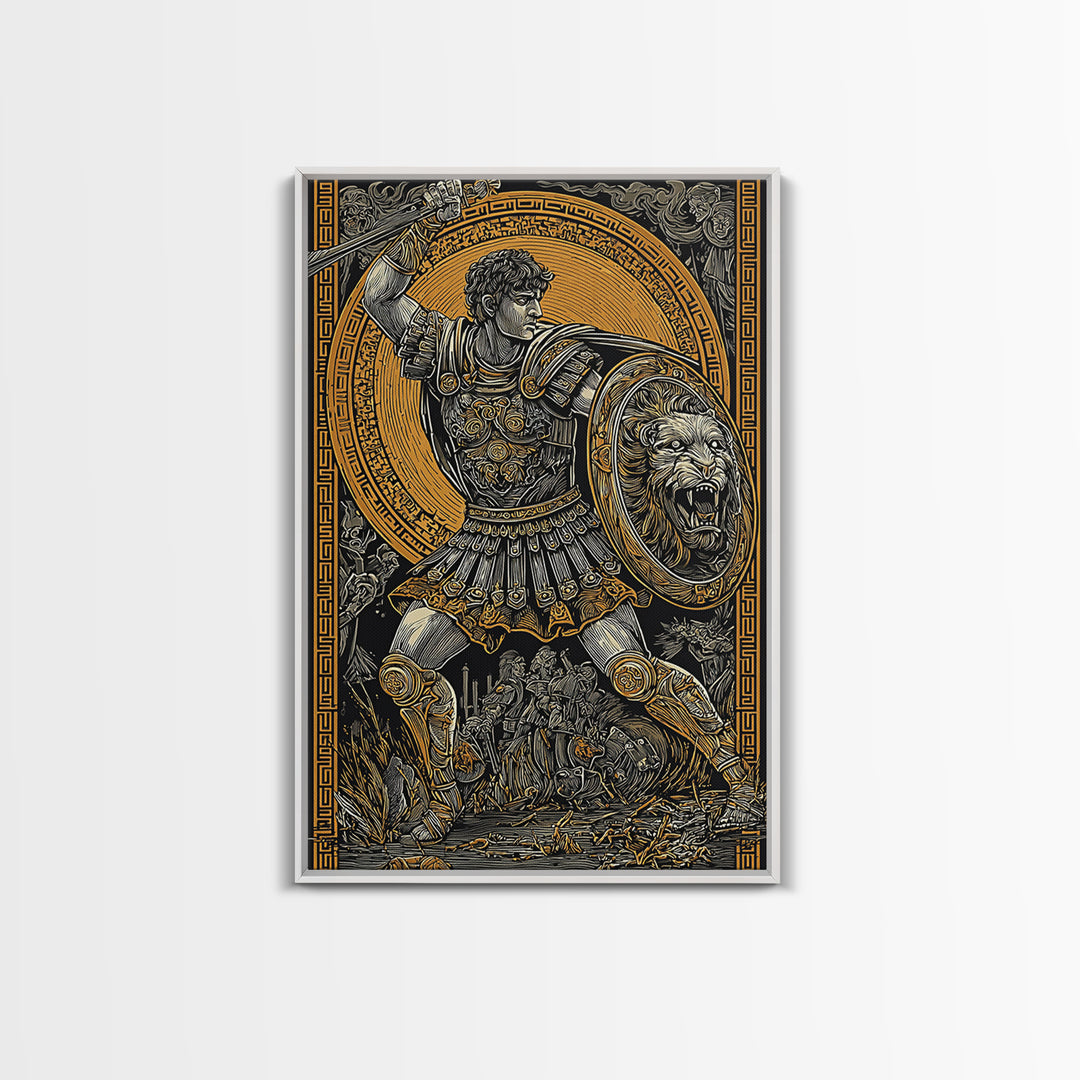 Warrior In Battle Scene, Canvas Gold Canvas Print, Ancient Mythology Inspired Wall Artwork, Real Wood Frame