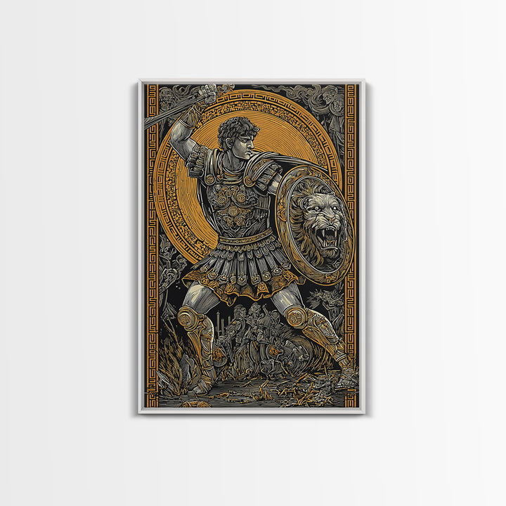 Warrior In Battle Scene, Canvas Gold Canvas Print, Ancient Mythology Inspired Wall Artwork, Real Wood Frame