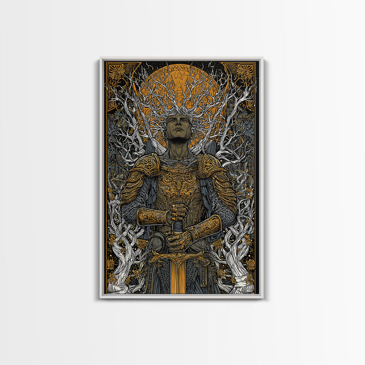 Mythic Guardian With Sword, Canvas Gold Art, Fantasy Inspired Warrior Wall Print, Real Wood Framed Wall Decor