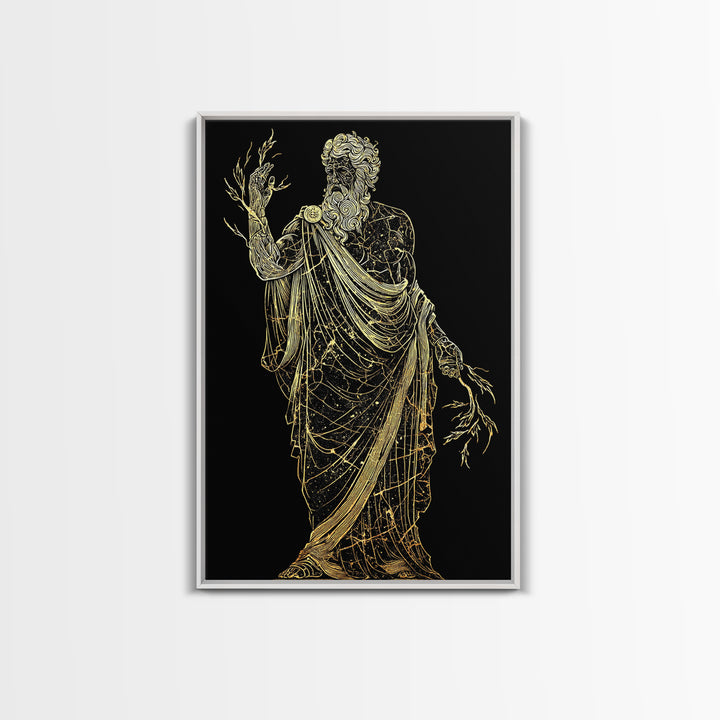 Greek God Canvas Gold Art, Zeus Mythology Wall Print, Lightning Power Decor, Luxury Canvas Artwork, Real Wood Frame