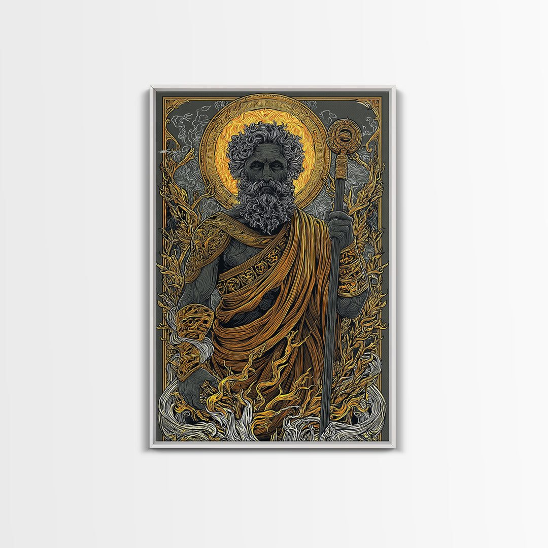 Mythical Elder Canvas Gold Art, Eternal Wisdom Wall Print, Ancient Greek God Decor, Luxury Canvas Artwork, Real Wood Frame