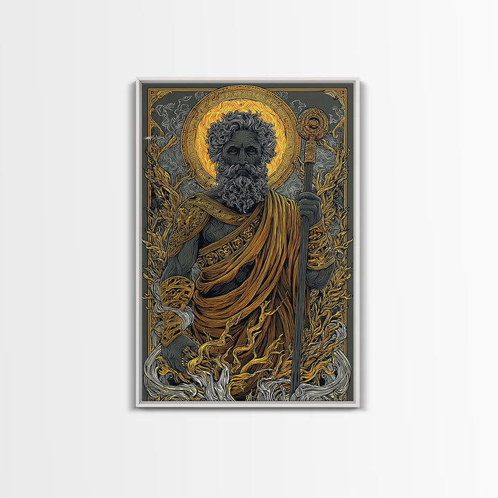 Mythical Elder Canvas Gold Art, Eternal Wisdom Wall Print, Ancient Greek God Decor, Luxury Canvas Artwork, Real Wood Frame