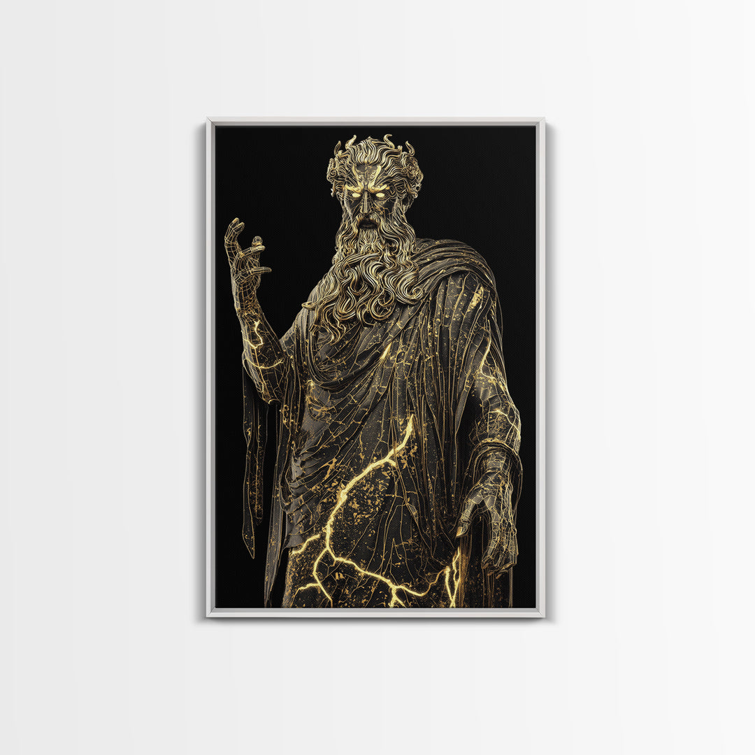 Thunder God Canvas Gold Canvas Print, Zeus Mythology Wall Art, Lightning Power Decor, Luxury Classical Artwork, Real Wood Frame