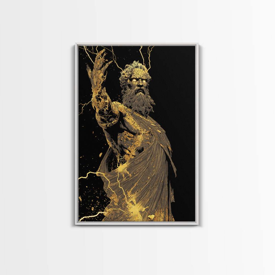Heavenly Ruler Canvas Gold Canvas Print, Zeus Divine Wall Art, Lightning God Decor, Luxury Mythology Artwork, Real Wood Frame