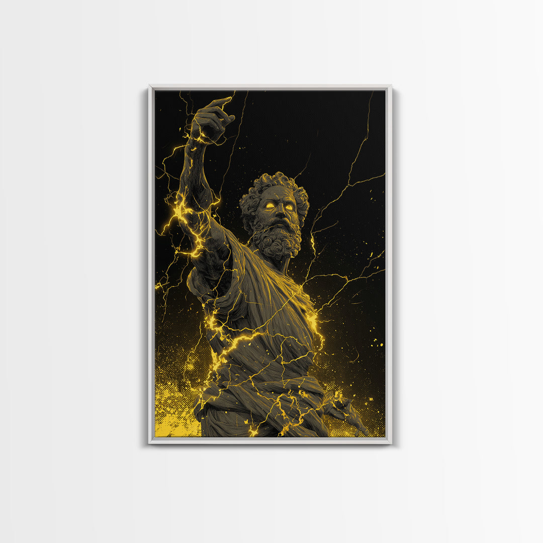 Lightning God Canvas Gold Art, Powerful Zeus Wall Print, Mythology Inspired Decor, Ancient Greek Canvas Artwork, Real Wood Frame