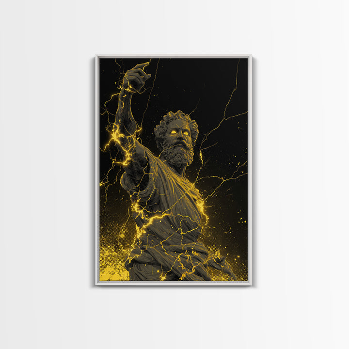 Lightning God Canvas Gold Art, Powerful Zeus Wall Print, Mythology Inspired Decor, Ancient Greek Canvas Artwork, Real Wood Frame