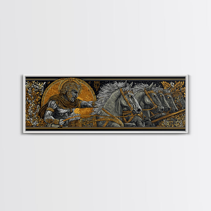 Heroic Greek Warrior With Horses, Ancient Mythology Wall Decor, Gold Canvas Print, Real Wood Frame