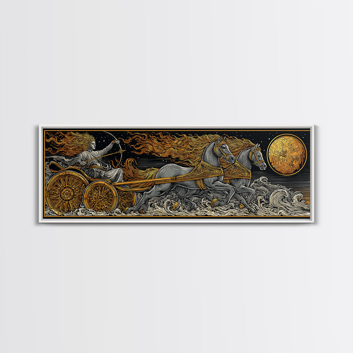 Sun God Chariot, Mythological Horses And Flames Wall Decor, Gold Canvas Print, Real Wood Framed Art
