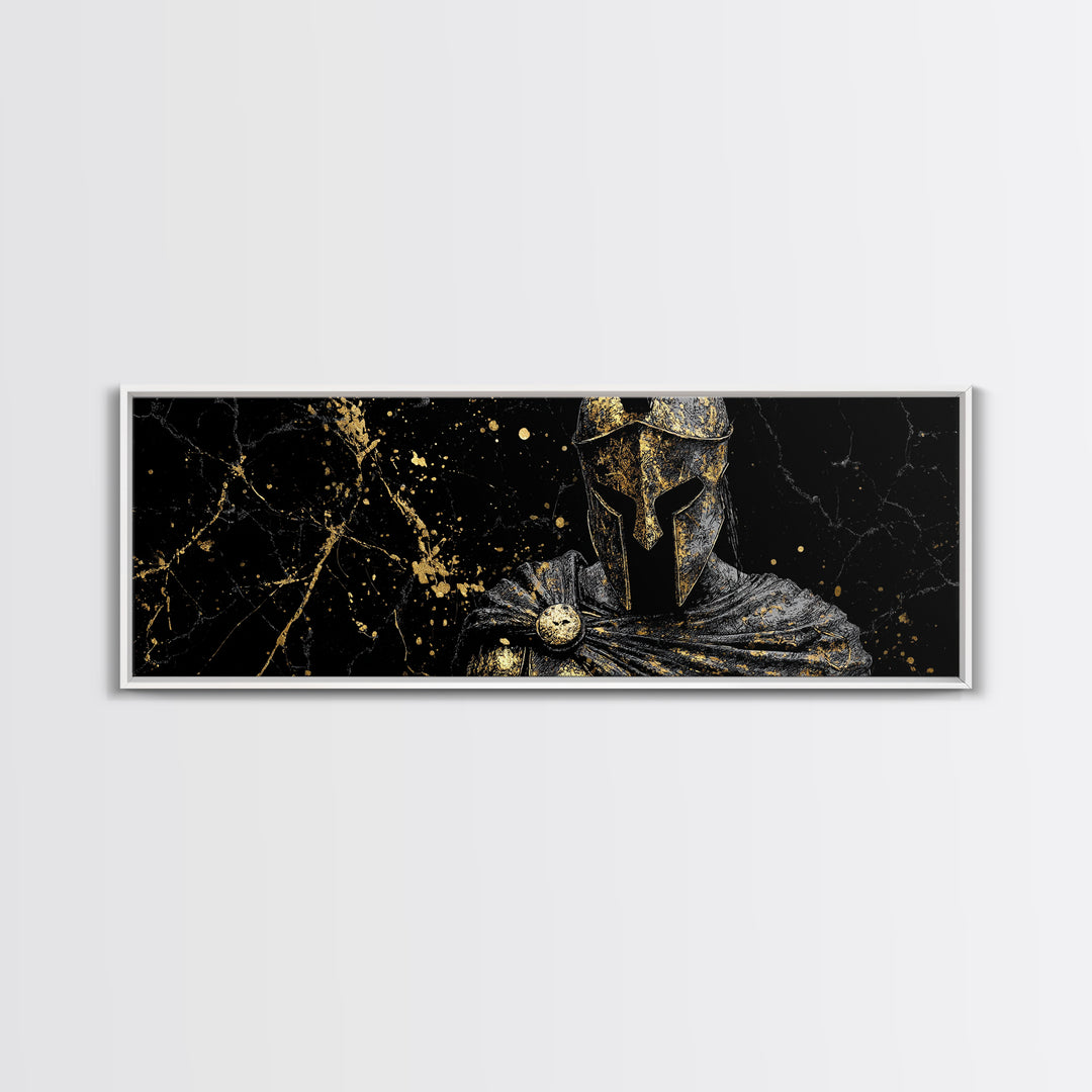 Spartan Warrior Bust Artwork, Ancient Greek Mythological Hero Decorative Symbol, Gold Canvas Print, Real Wood Frame Wall Decor