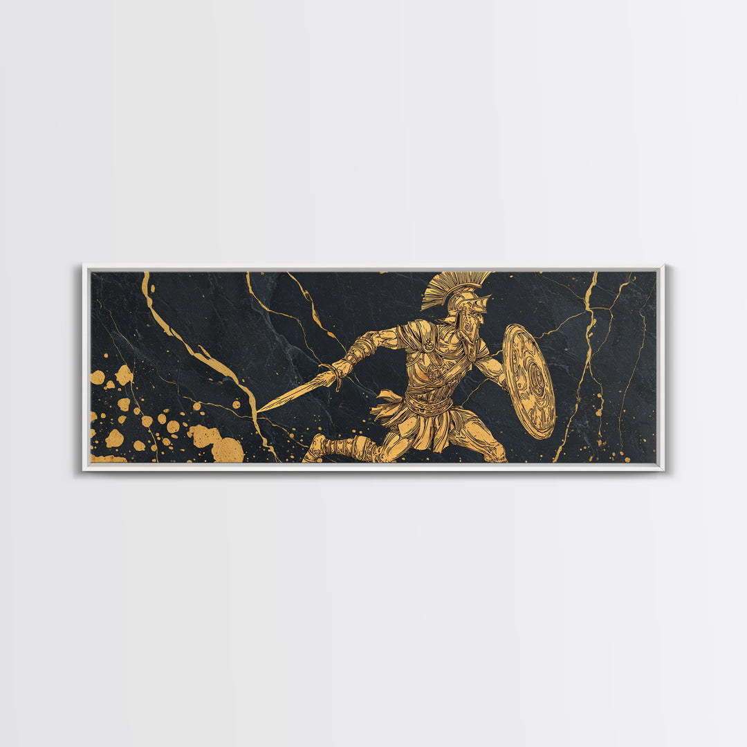 Spartan Warrior With Sword And Shield, Ancient Greek Mythology Wall Decor, Gold Canvas Print, Real Wood Frame