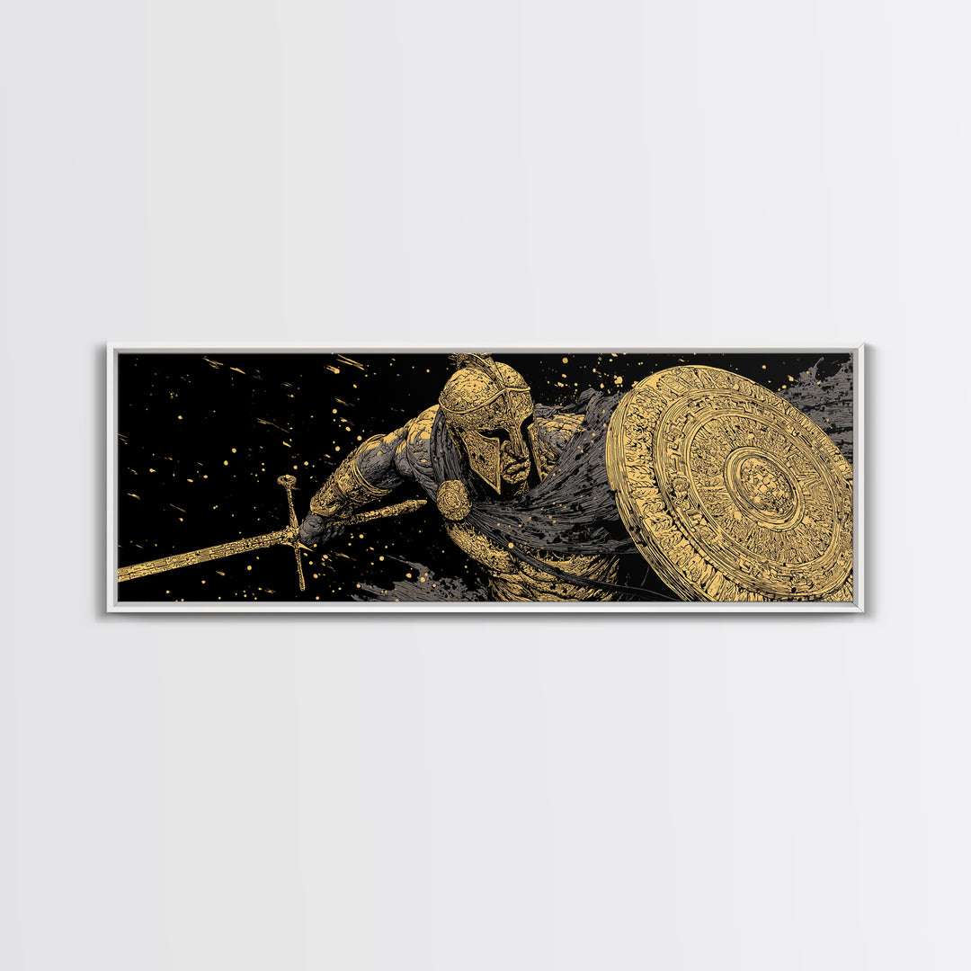 Ornate Spartan Warrior With Shield And Sword, Ancient Battle Scene Artwork, Gold Canvas Print, Real Wood Frame