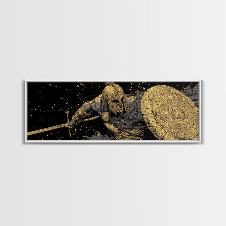 Ornate Spartan Warrior With Shield And Sword, Ancient Battle Scene Artwork, Gold Canvas Print, Real Wood Frame