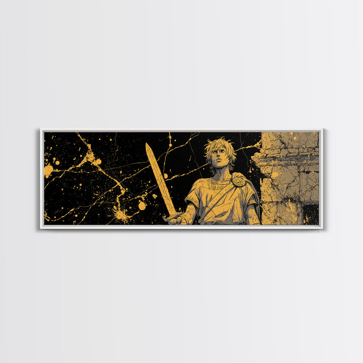 Heroic Young Greek Warrior Standing Tall, Classical Mythology Decorative Wall Art, Gold Canvas Print, Real Wood Frame