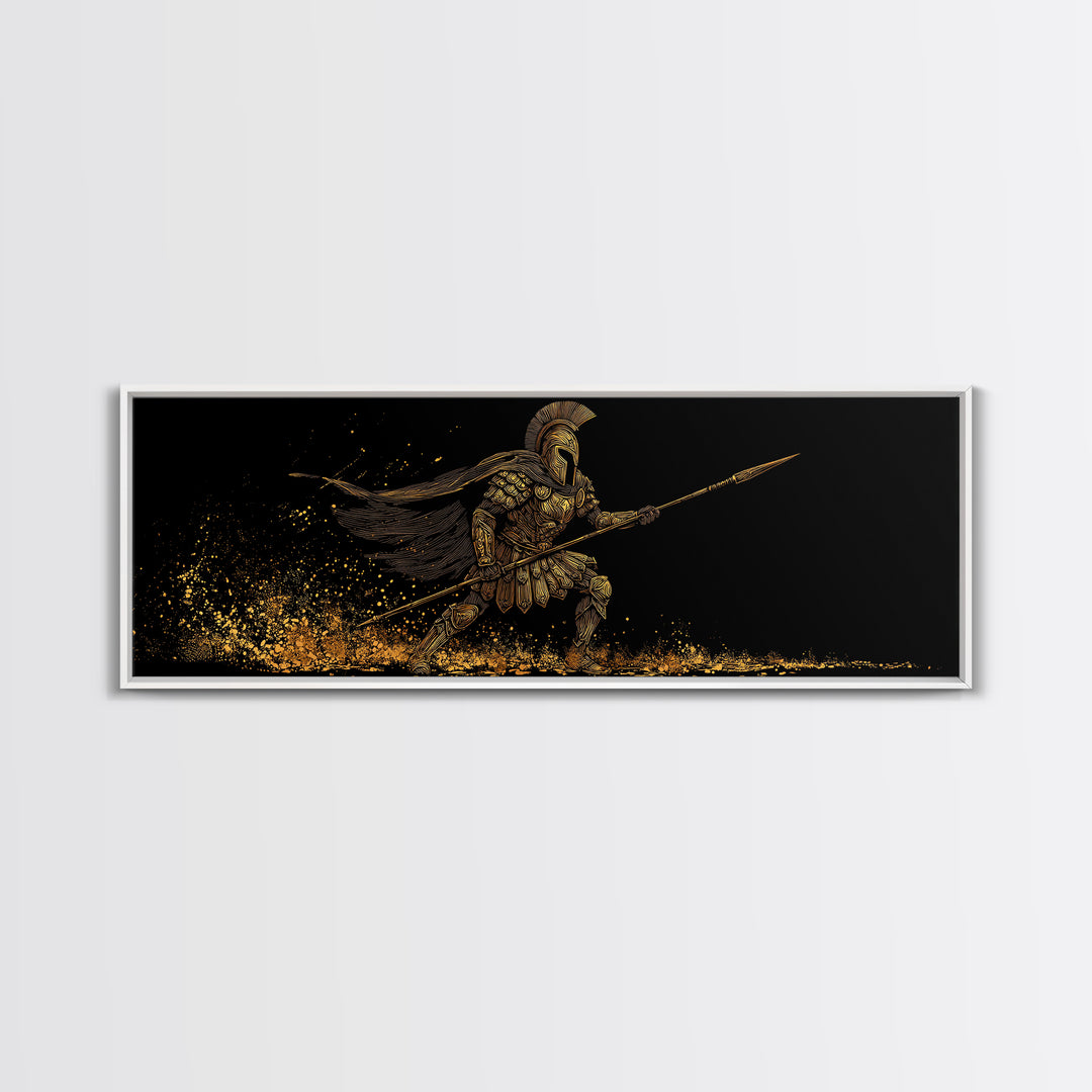 Spartan Warrior With Flowing Cape And Spear, Ancient Greek Mythology Decor, Gold Canvas Print, Real Wood Frame