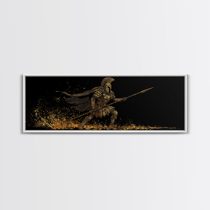 Spartan Warrior With Flowing Cape And Spear, Ancient Greek Mythology Decor, Gold Canvas Print, Real Wood Frame