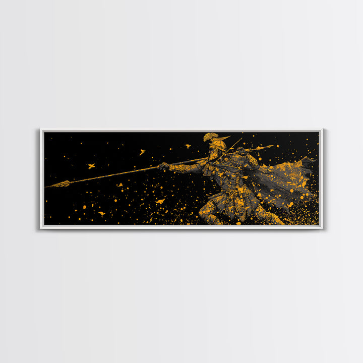 Greek Warrior Throwing Spear In Battle, Ancient Spartan Hero Wall Art, Gold Canvas Print, Real Wood Frame