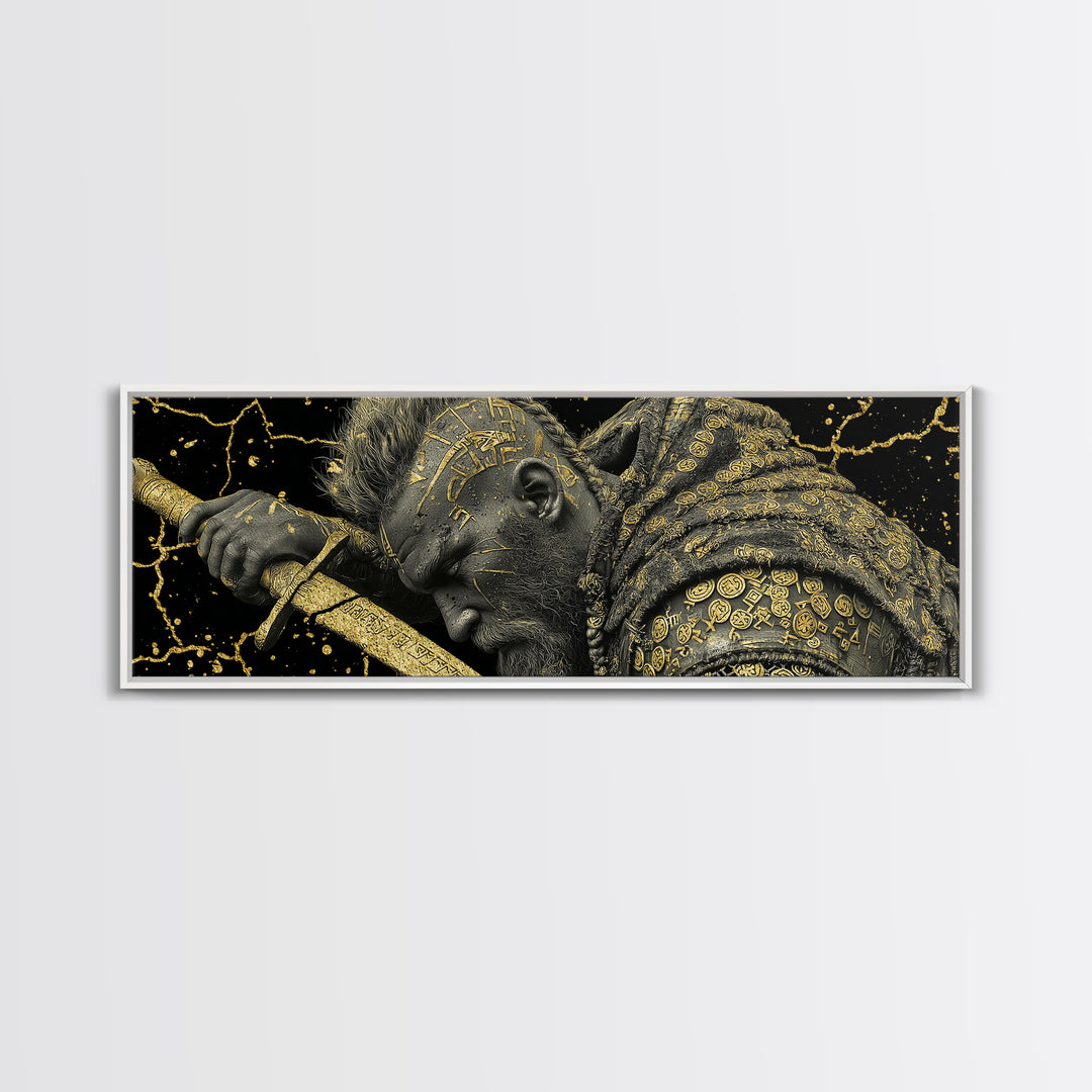 Viking Warrior With Sword And Runes, Mythological Hero Artwork, Gold Canvas Print, Real Wood Frame
