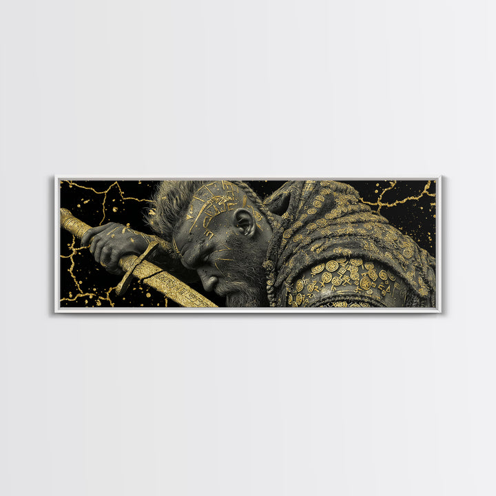 Viking Warrior With Sword And Runes, Mythological Hero Artwork, Gold Canvas Print, Real Wood Frame