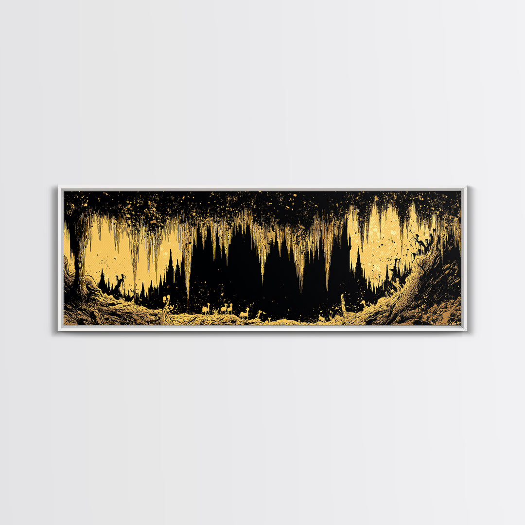 Golden Cave With Stalactites And Figures, Mythological Decorative Wall Art, Gold Canvas Print, Real Wood Frame