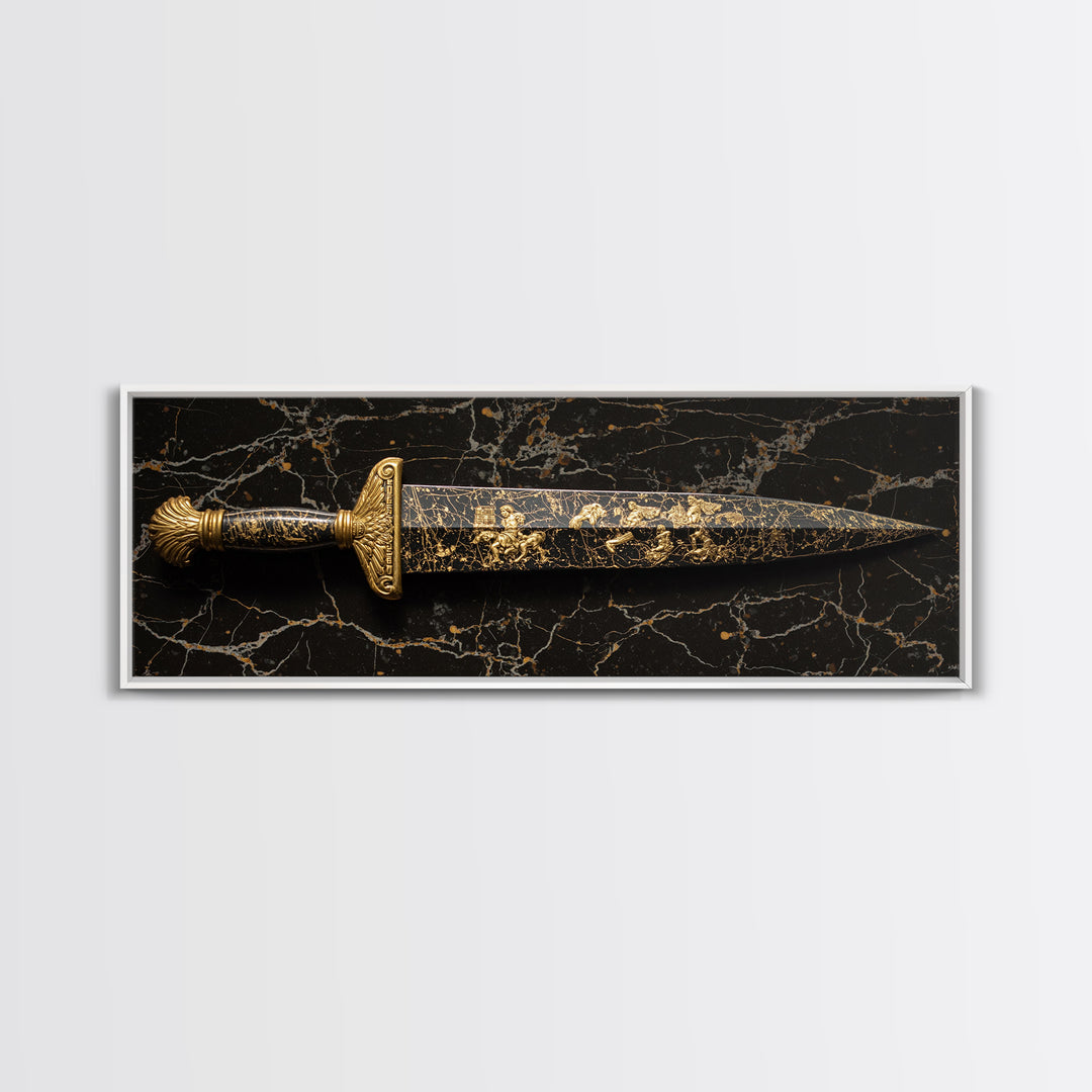 Ancient Greek Sword Engraved With Mythology, Decorative Heroic Weapon Artwork, Gold Canvas Print, Real Wood Frame