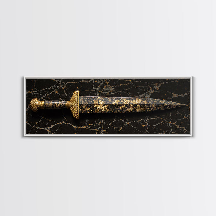Ancient Greek Sword Engraved With Mythology, Decorative Heroic Weapon Artwork, Gold Canvas Print, Real Wood Frame