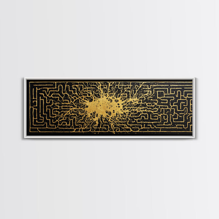 Intricate Labyrinth Pattern Artwork, Mythological Maze Wall Decor, Gold Canvas Print, Real Wood Frame