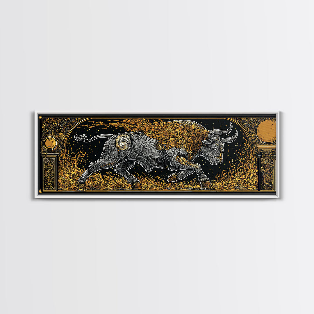 Fiery Bull Of Mythology, Charging Beast Symbol Of Strength, Gold Canvas Print, Real Wood Frame Wall Artwork