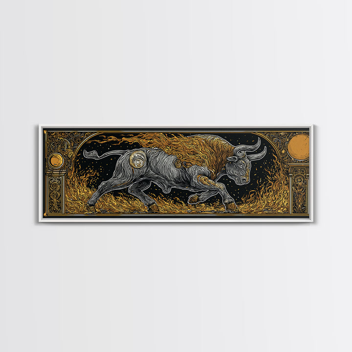 Fiery Bull Of Mythology, Charging Beast Symbol Of Strength, Gold Canvas Print, Real Wood Frame Wall Artwork