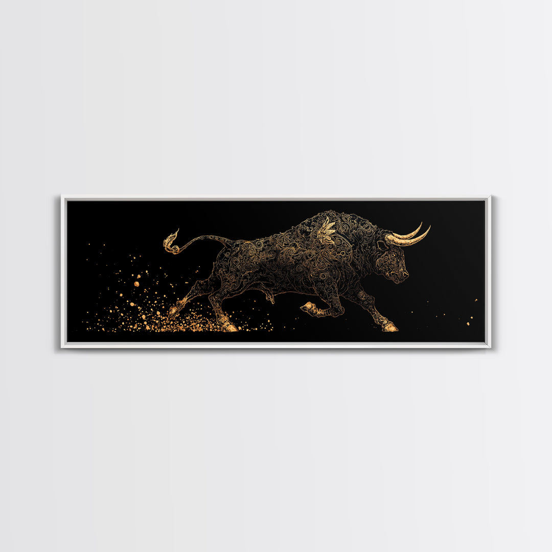 Ornamental Bull In Motion, Intricate Mythological Strength Symbol, Gold Canvas Print, Real Wood Frame Wall Art