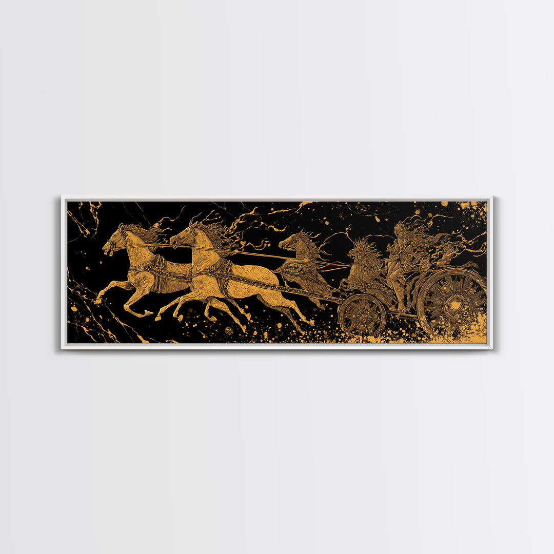 Ancient Chariot Battle Scene, Mythical Horses And Warrior Artwork, Gold Canvas Print, Real Wood Frame Wall Decor
