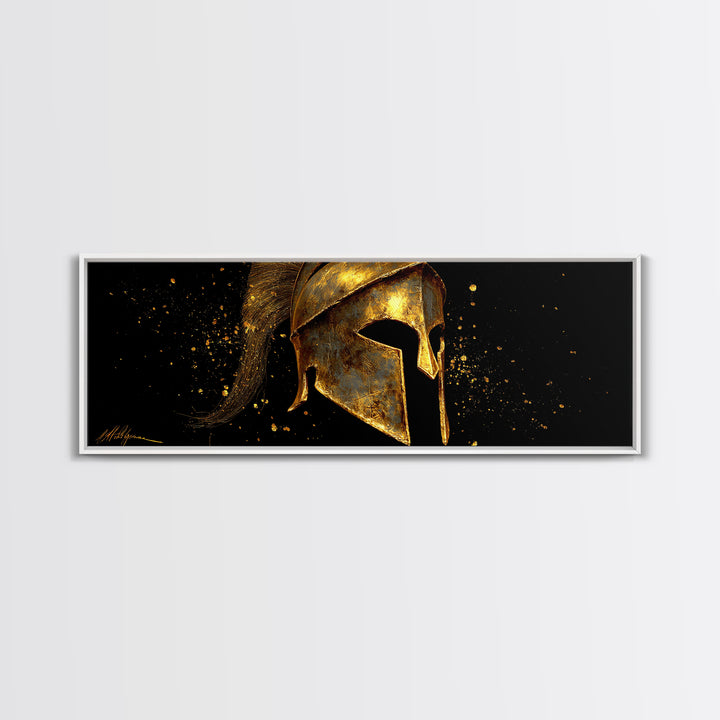 Spartan Warrior Helmet, Ancient Greek Armor Mythological Artwork, Gold Canvas Print, Real Wood Frame Wall Art