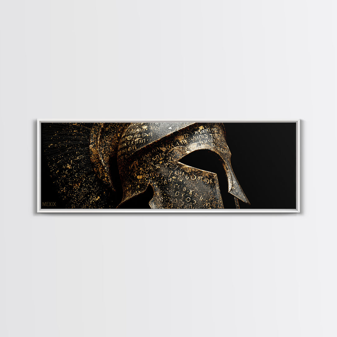 Spartan Helmet Close Up, Ancient Greek Warrior Armor Wall Decor, Gold Canvas Print, Real Wood Frame