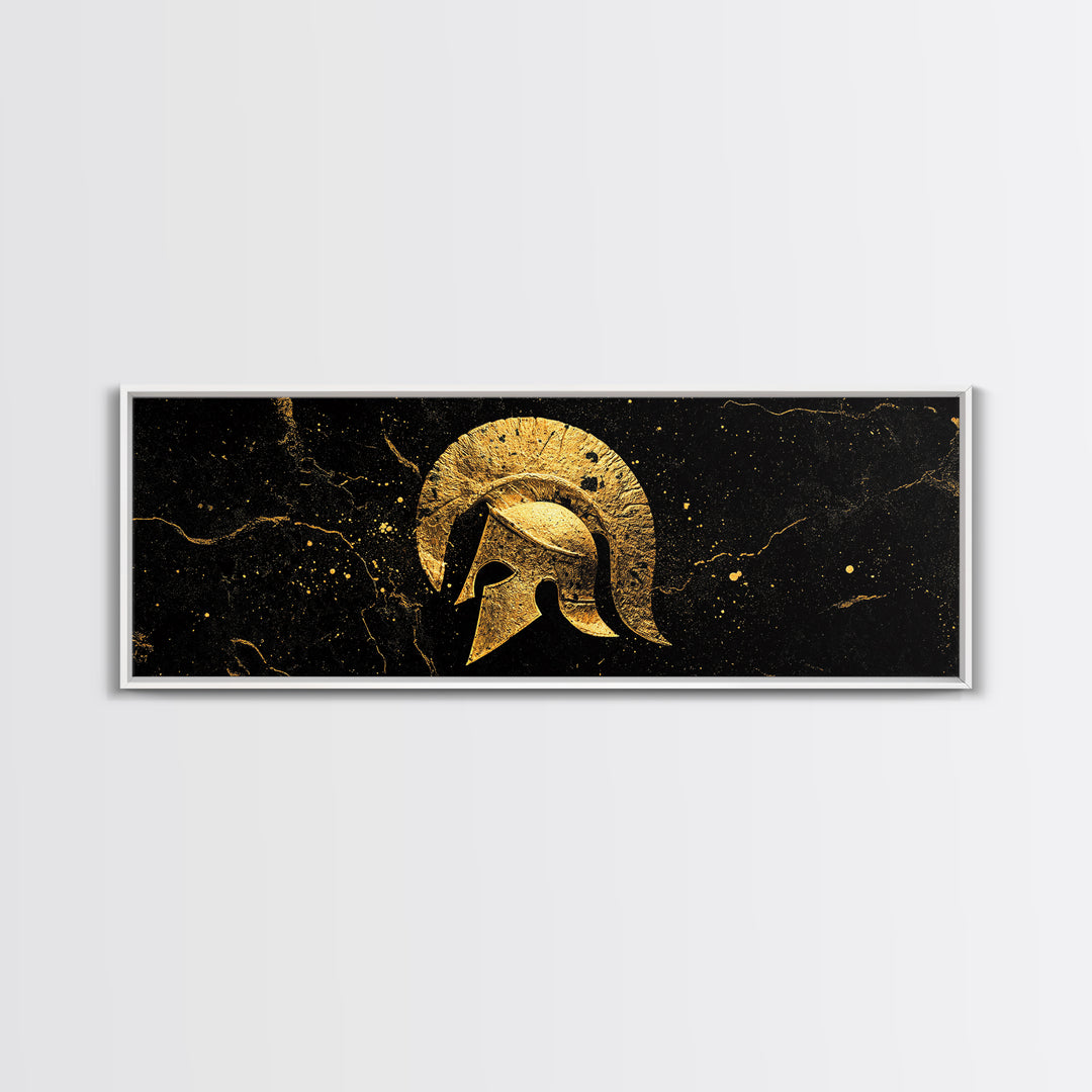 Greek Hoplite Helmet, Ancient Warrior Armor Symbol Wall Artwork, Gold Canvas Print, Real Wood Frame Wall Decor