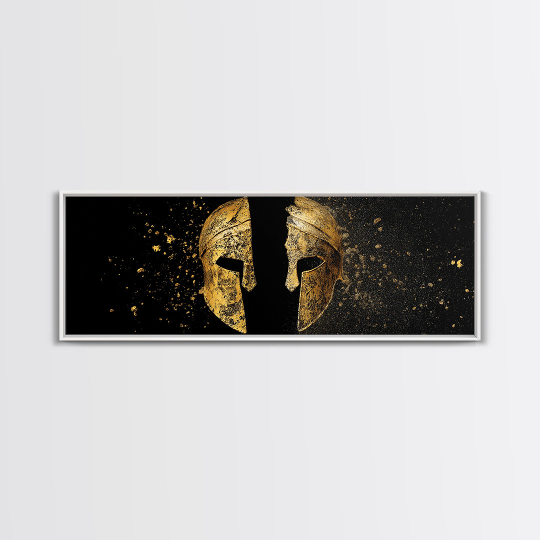 Ancient Spartan Helmet Split Design, Warrior Armor Mythology Artwork, Gold Canvas Print, Real Wood Frame Wall Decor