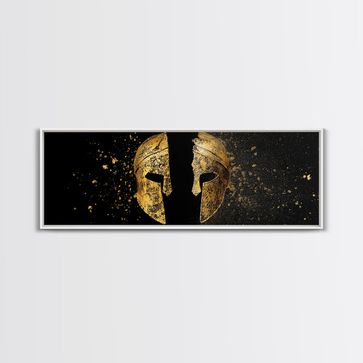 Ancient Spartan Helmet Split Design, Warrior Armor Mythology Artwork, Gold Canvas Print, Real Wood Frame Wall Decor