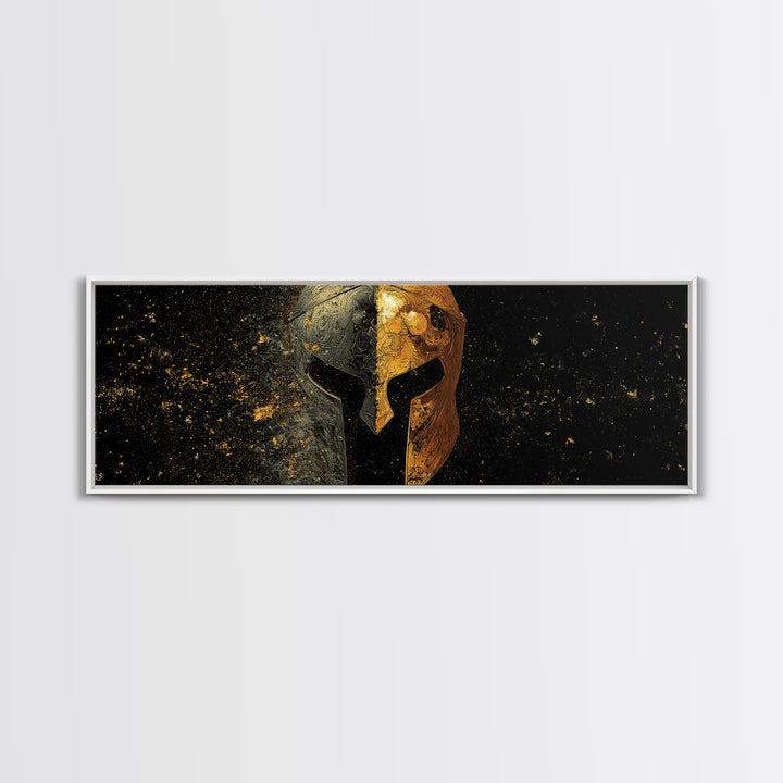 Half Face Spartan Helmet, Ornate Warrior Armor Greek Mythology Artwork, Gold Canvas Print, Real Wood Frame Wall Art