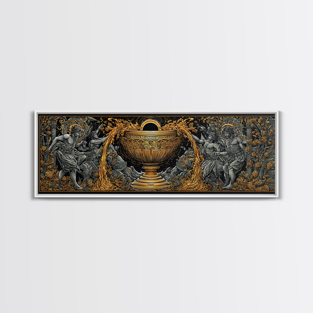 Ancient Chalice Of Gods, Mythological Cup With Figures And Flowing Design, Gold Canvas Print, Real Wood Frame Artwork