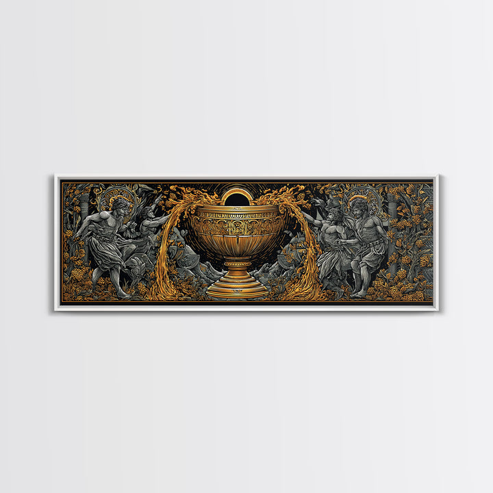 Ancient Chalice Of Gods, Mythological Cup With Figures And Flowing Design, Gold Canvas Print, Real Wood Frame Artwork