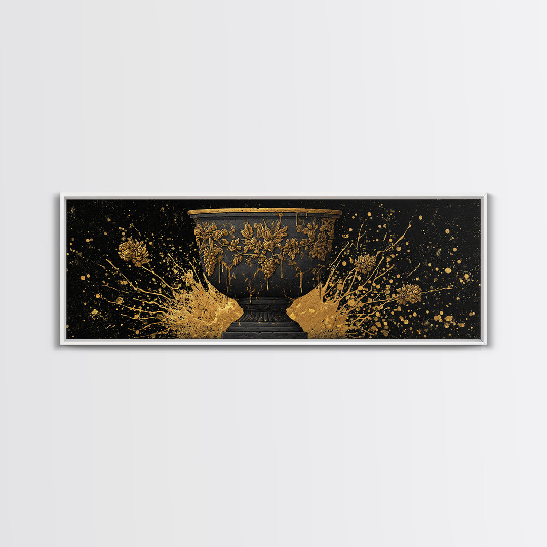 Grapevine Chalice Artwork, Classical Mythological Cup Decorative Wall Design, Gold Canvas Print, Real Wood Frame Wall Art